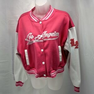Common Stitch Women's Los Angeles LA Varsity Bomber Jacket Pink White Large